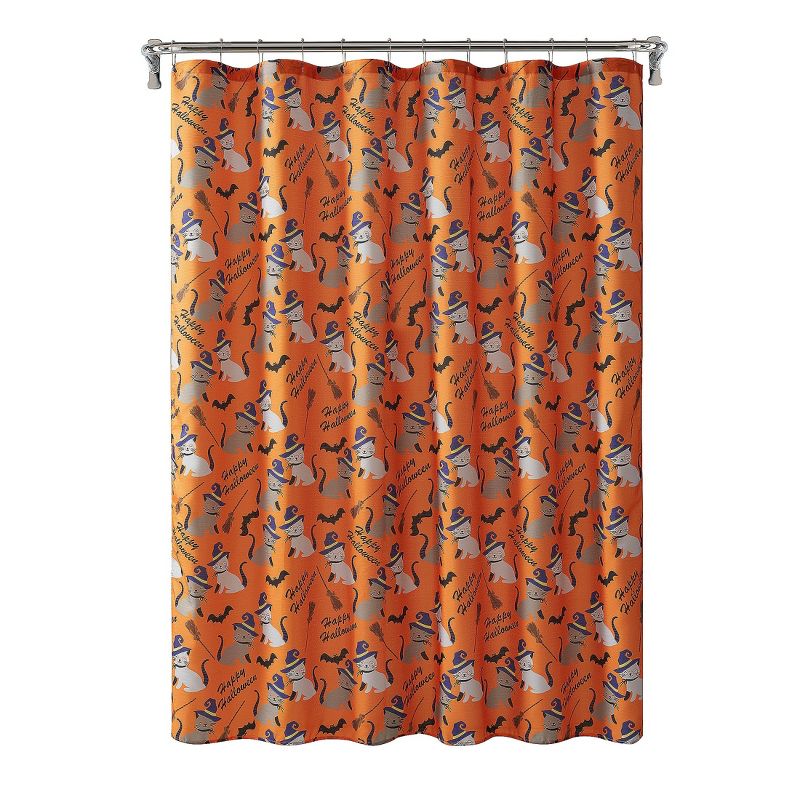 Kate Aurora Halloween Accents Kitty Witches & Broomsticks Festive Orange Fabric Shower Curtain - Standard Size, 2 of 4