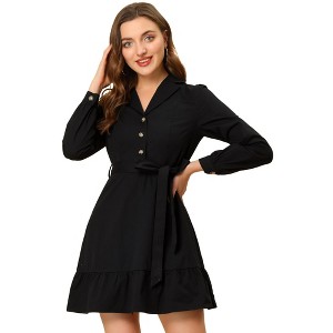 Allegra K Women's Notched Lapel V Neck Tie Waist Solid Ruffle Hem Mini Dress - 1 of 4