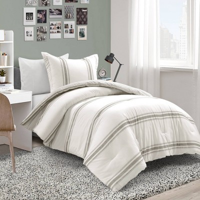 3pc King Farmhouse Stripe Reversible Cotton Comforter & Sham Set Gray - Lush Décor