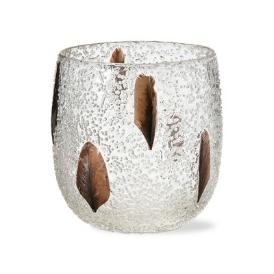 tag Bubble Glass Pillar Candle Holder with Embedded Feathers Hurricane, 5.9L x 5.9W x 6.3H inches