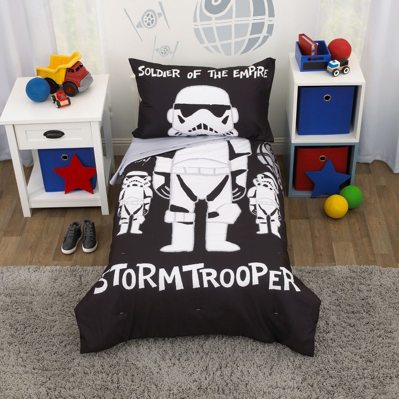 Star Wars Storm Trooper Black and White 4 Piece Toddler Bed Set - Comforter, Fitted Bottom Sheet, Flat Top Sheet, and Reversible Pillowcase, 1 of 7