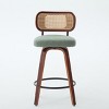 Set of 3 Green Swivel Counter Stools, Rattan Back, 26" Height Linen Upholstered Seat, WalnutWood Frame, Bar Chairs for Kitchen Island - Panipeachy - 4 of 4