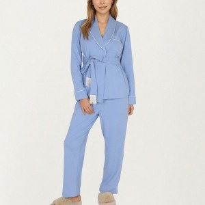 Anna-Kaci Lounge Women's 2-Piece Set Belted Wrap Top and Relaxed Fit Pants Pajama Set with Shawl Collar and Soft Fabric - 1 of 4