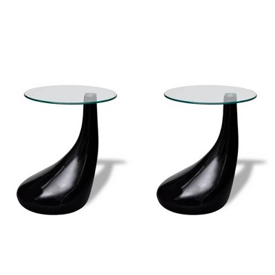 vidaXL Coffee Table End Table Living Room Side Table with Round Glass Top - Black Set of 2