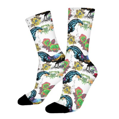 Watercolor Farm Roosters Women Printed Crew Socks Funny Funky Socks Soft Polyester Novelty Gifts for Artists Men