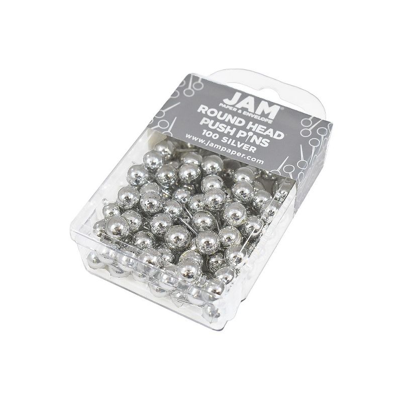 JAM Paper Colored Map Thumb Tacks Silver Round Head Push Pins 2 Packs of 100 22432214A, 2 of 8