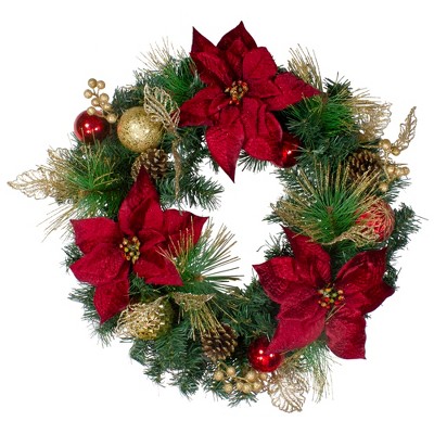 Northlight Poinsettias and Ball Ornaments Artificial Christmas Wreath - 24-Inch, Unlit