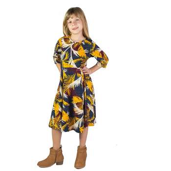 24seven Comfort Apparel Leaf Print Knee Length Fit and Flare Girls Comfortable Flowy Dress