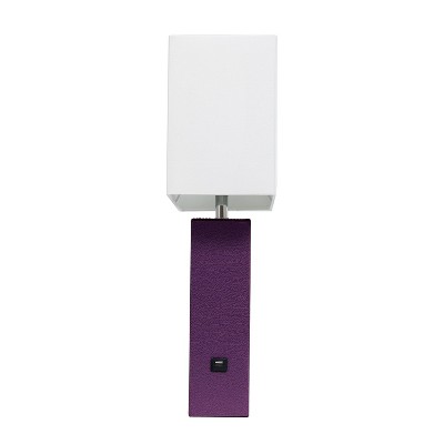 Eggplant Leather Nightstand Lamp with White Fabric Shade and USB Port