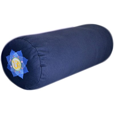 YogaAccessories Supportive Natural Cotton and Synthetic Batting Portable Round Yoga Bolster with Embroidered Lotus Flower and Removable Cover, Blue