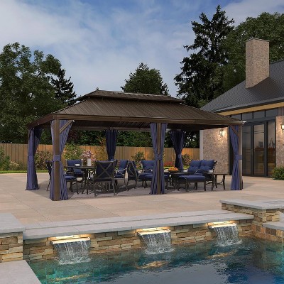 PURPLE LEAF Hardtop Gazebo Canopy with Netting and Curtains for Outdoor Deck Backyard Heavy Duty Metal Patio Permanent Pavilion
