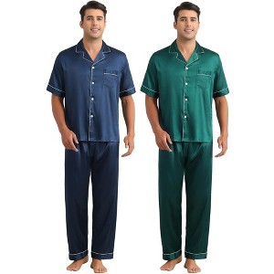 INSPIRE CHIC Men's 2 Pack Satin Pajamas Sets Classic Short Sleeve Sleepwear - 1 of 4