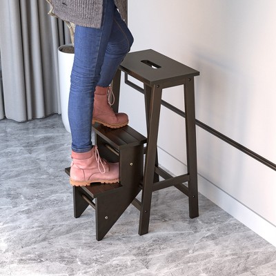 Brown Rubber Wood Foldable 3-Tier Step Stool and Storage Shelf