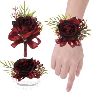 Unique Bargains Artificial Flowers Corsage Wristlet Wrist Corsage and Boutonnieres Set - 1 of 4