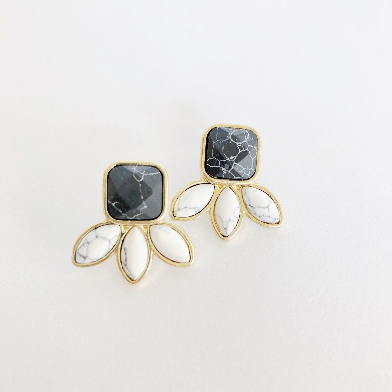 Sanctuary Project by sanctuaire Semi Precious Black and White Howlite Three Stone Stud Earrings Gold, 1 of 3