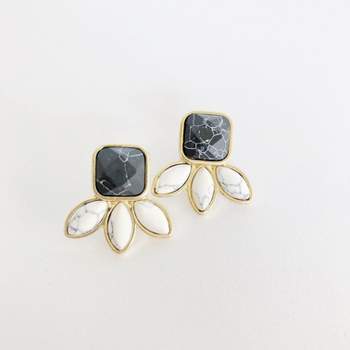 Sanctuary Project by sanctuaire Semi Precious Black and White Howlite Three Stone Stud Earrings Gold