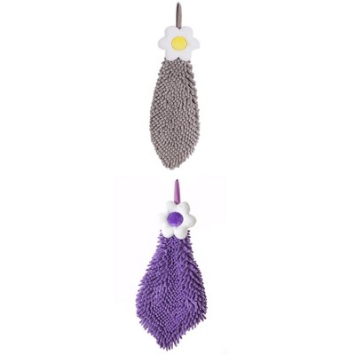 REGALWOVEN Chenille Soft Absorbent Flower Hanging Hand Towels for Bathroom 2 Pcs
