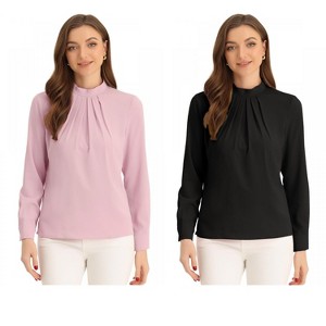 INSPIRE CHIC Women's Business Casual Stand Collar Chiffon Long Sleeve Blouse 2 Packs - 1 of 4