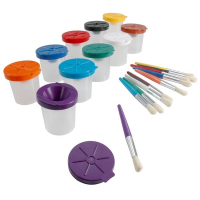 Kaplan Early Learning Non-Spill Paint Pots With Colored Lids & Brushes Set