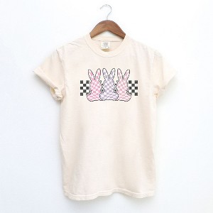 Simply Sage Market Women's Checkered Triple Bunnies Short Sleeve Garment Dyed Tee - M - Ivory - 1 of 2