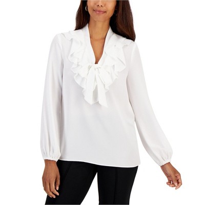 Kasper Womens Tie Neck Ruffled Blouse, natural, PXL