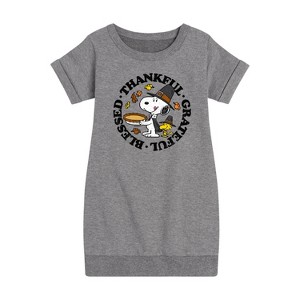 Girls' - Peanuts - Thanksful, Grateful, Blessed Graphic Short Sleeve Fleece Dress - 1 of 4
