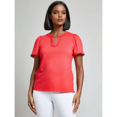 Jones New York Petite Split Neck Flutter Sleeve Top