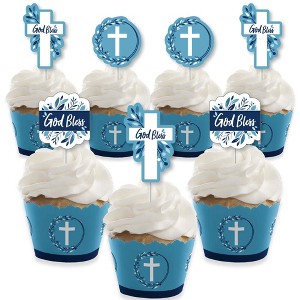 Big Dot of Happiness Blue Elegant Cross - Cupcake Decoration - Boy Religious Party Cupcake Wrappers and Treat Picks Kit - Set of 24 - 1 of 4