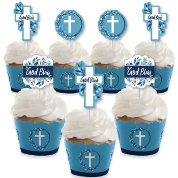 Big Dot of Happiness Blue Elegant Cross - Cupcake Decoration - Boy Religious Party Cupcake Wrappers and Treat Picks Kit - Set of 24