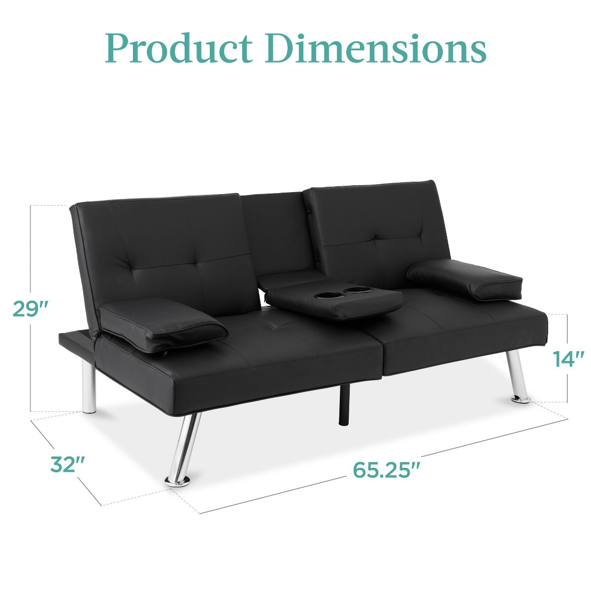Best Choice Products Modern Faux Leather Convertible Futon Sofa w/ Removable Armrests, 2 Cupholders - Black - thumbnail 7