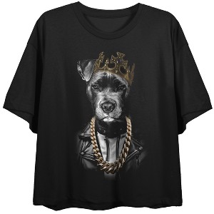 Dog With Leather Jacket & Crown Crew Neck Short Sleeve Women’s Black Crop Top - 1 of 3