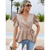 Peplum Tops for Women Dressy Sexy Deep V Neck Belted Tie Blouses Empire Waist Wrap Blouse Short Puff Sleeve - 4 of 4
