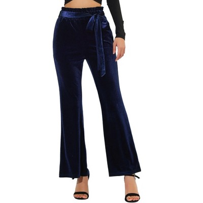 Allegra K Women's Velvet Tie Waist Stretchy Wide Leg Pants with Pockets  Dark Blue X-Small