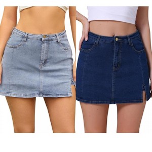 INSPIRE CHIC Women's Jean Side Slit High Waisted A-Line Stretch Mini Denim Skirts 2 Packs - 1 of 4