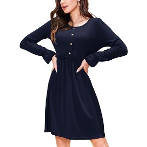 Coolmee Womens Fall Casual Dresses Crewneck Button Up Long Sleeve High Waist A-Line Swing Mini Dress - 1 of 4