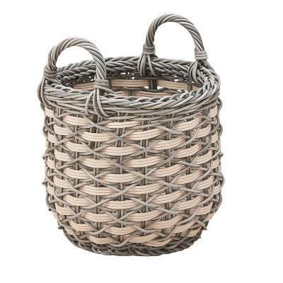 Cesicia 18" x 18" x 15.7" Round Resin Woven Wicker Multi-Use, Storage Basket with Handles, White-Gray - For Towel, Toys, Magazines Storage