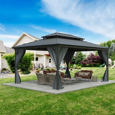Hard Top Gazebo, Galvanized Steel Double Roof Canopy, Outdoor Metal Pergola with Mosquito Net and Curtain