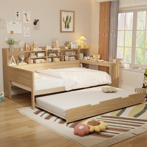 KIGFTSOD Wooden Full Size Daybed with Storage Shelves, Multi-functional Bed with Twin Size Trundle Bed and Study Desk - 1 of 4