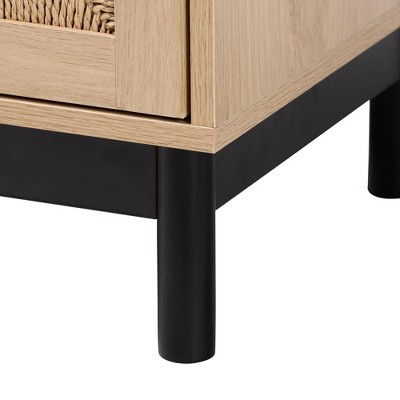 Light Brown Wood Accent Table with Woven Storage