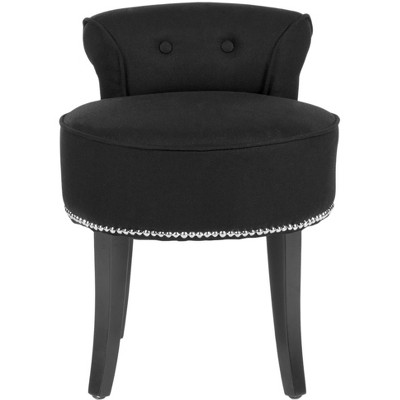 Petite Black Linen Birchwood Vanity Stool with Silver Nailhead Trim