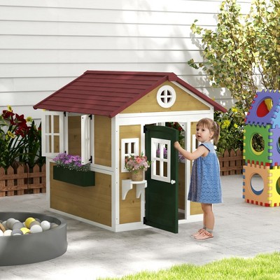 Beige Wooden Outdoor Playhouse with Red Roof and Planter Boxes