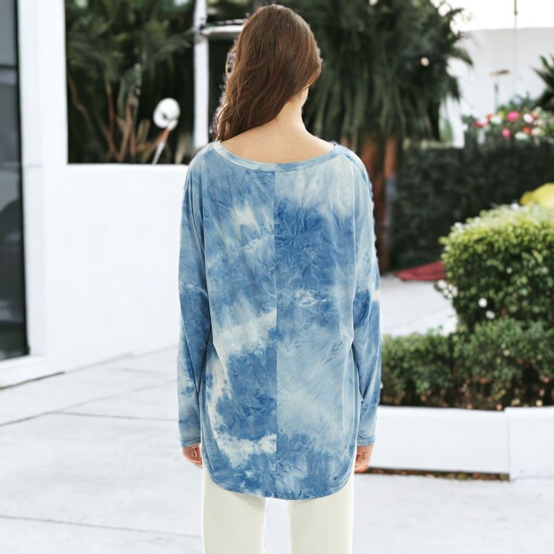 Anna-Kaci Women's Long Sleeve T Shirt V Neck Casual Basic Tee Tie Dye Tops- Medium ,Blue, 4 of 7
