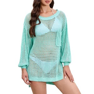 Clearlove Women's Summer Crochet Hollow Sweater Long Sleeve Crewneck Beach Mesh Cover Up Tunic Top - 1 of 4