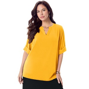Roaman's Women's Plus Size Ultrasmooth Fabric V Neck Tee With Chain Detail - 1 of 4
