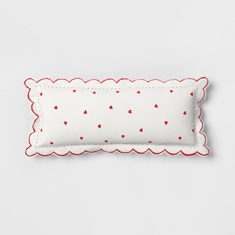 Oversized Lumbar Embroidered Hearts Throw Pillow with Scalloped Trim Ivory/Red - Threshold&#8482;, 1 of 9