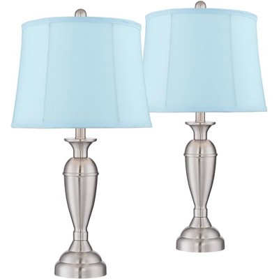 Regency Hill Modern Table Lamps Set of 2 Brushed Nickel Silver Metal Blue Softback Drum Shade for Living Room Bedroom House Home