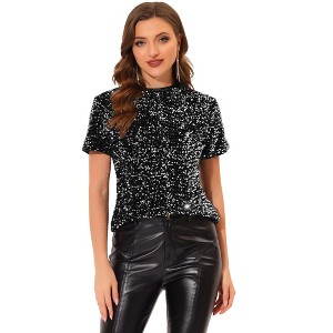INSPIRE CHIC Women's Sequin Velvet Crew Neck Short Sleeve T-shirt - 1 of 4