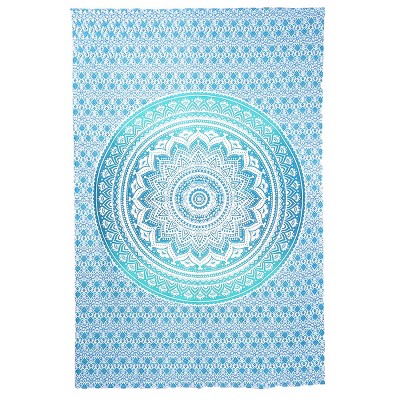 HomeRoots 80" X 56" Blue And White Mandala Cotton Hanging Tapestry