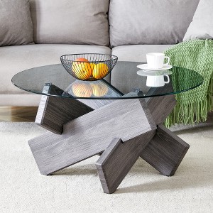 Glass Coffee Table Round Cocktail Table Center Table Accent Table Sofa Table, Modern Design, Natural/White/Gray/Walnut-Modernluxe - 1 of 4