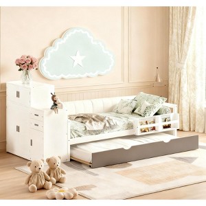 TIRAMISUBEST Twin Daybed Trundle Bed Frame with Bookshelf Movable Wardrobe Solid Wood, White, 95.5"*40.9"*42.3" - 1 of 4